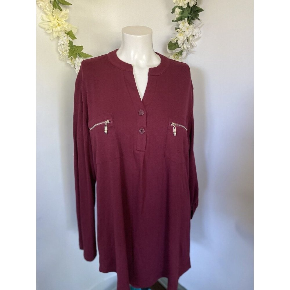 Siddhe Tunic Top Button Front V Neck 3/4 Rolled Long Sleeve Zip Burgundy 2XL NWT